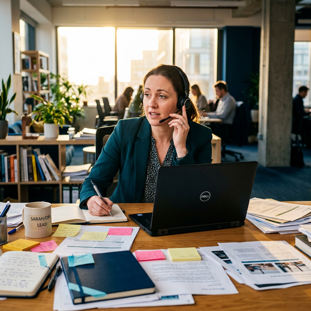 Ops lead managing scattered HR tasks at desk