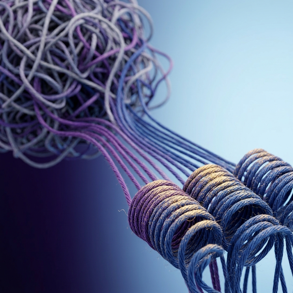 Tangled threads organizing into neat coils
