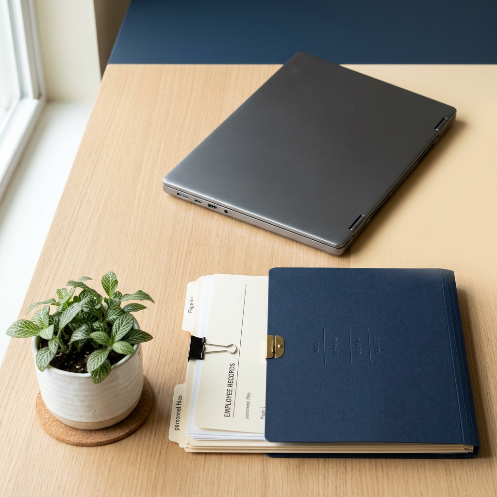 Organized workspace with hidden-screen laptop and neat records