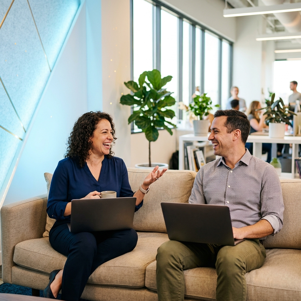Two colleagues laughing and conversing over laptops