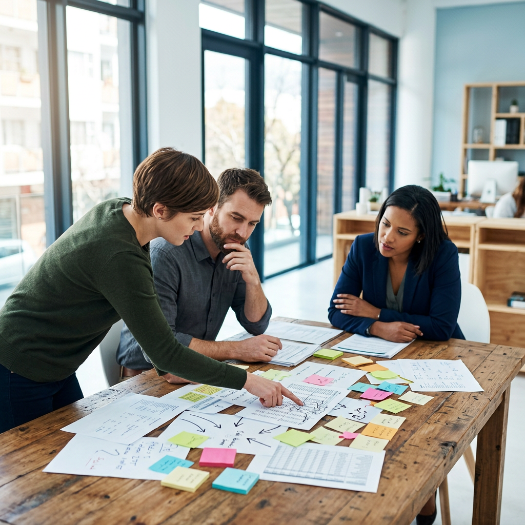Team reviewing scattered spreadsheet data and notes