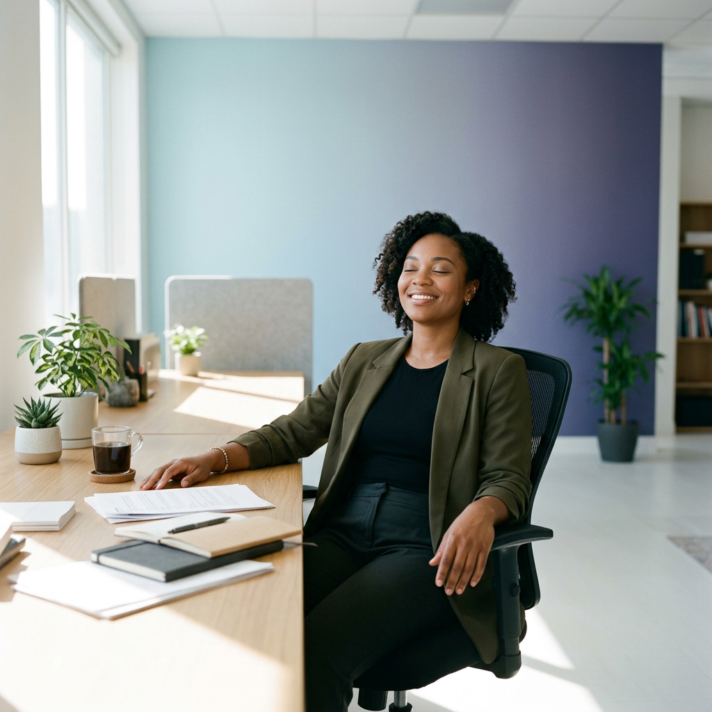 Operations lead at desk with relieved expression