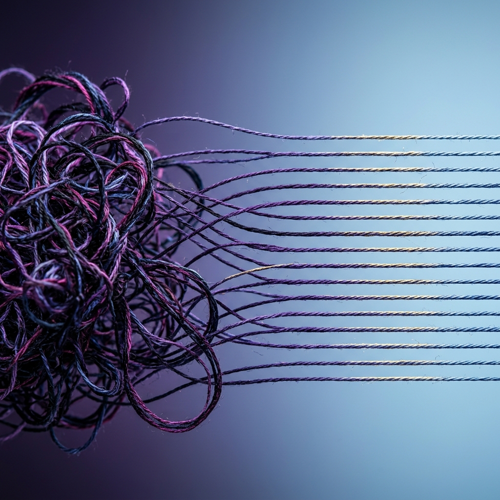 Tangled threads unraveling into organized lines