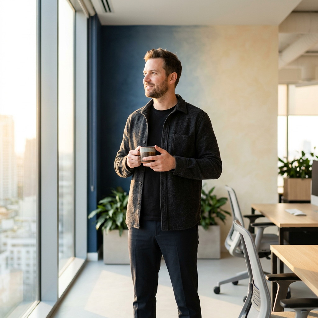 Founder by window with satisfied expression