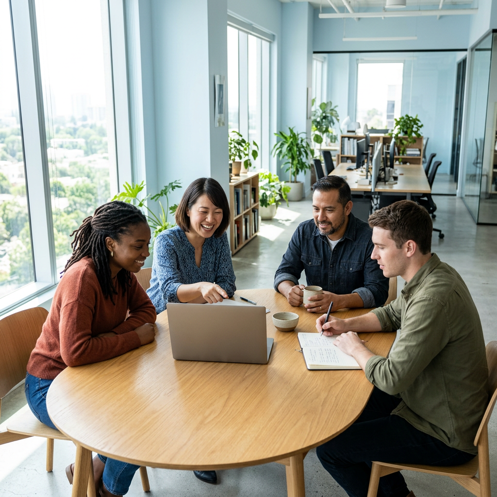 Small team collaborating and laughing around a table