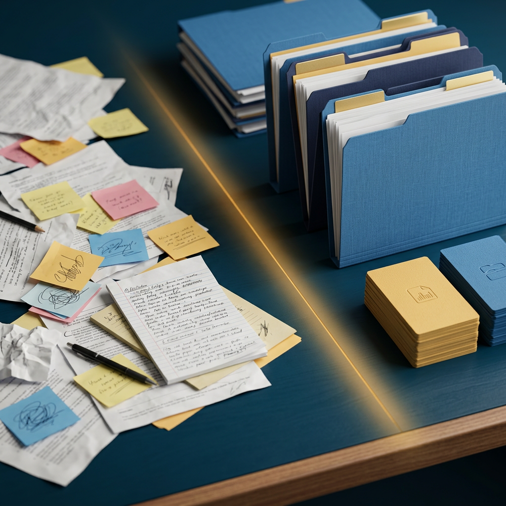 Scattered papers transforming into organized files