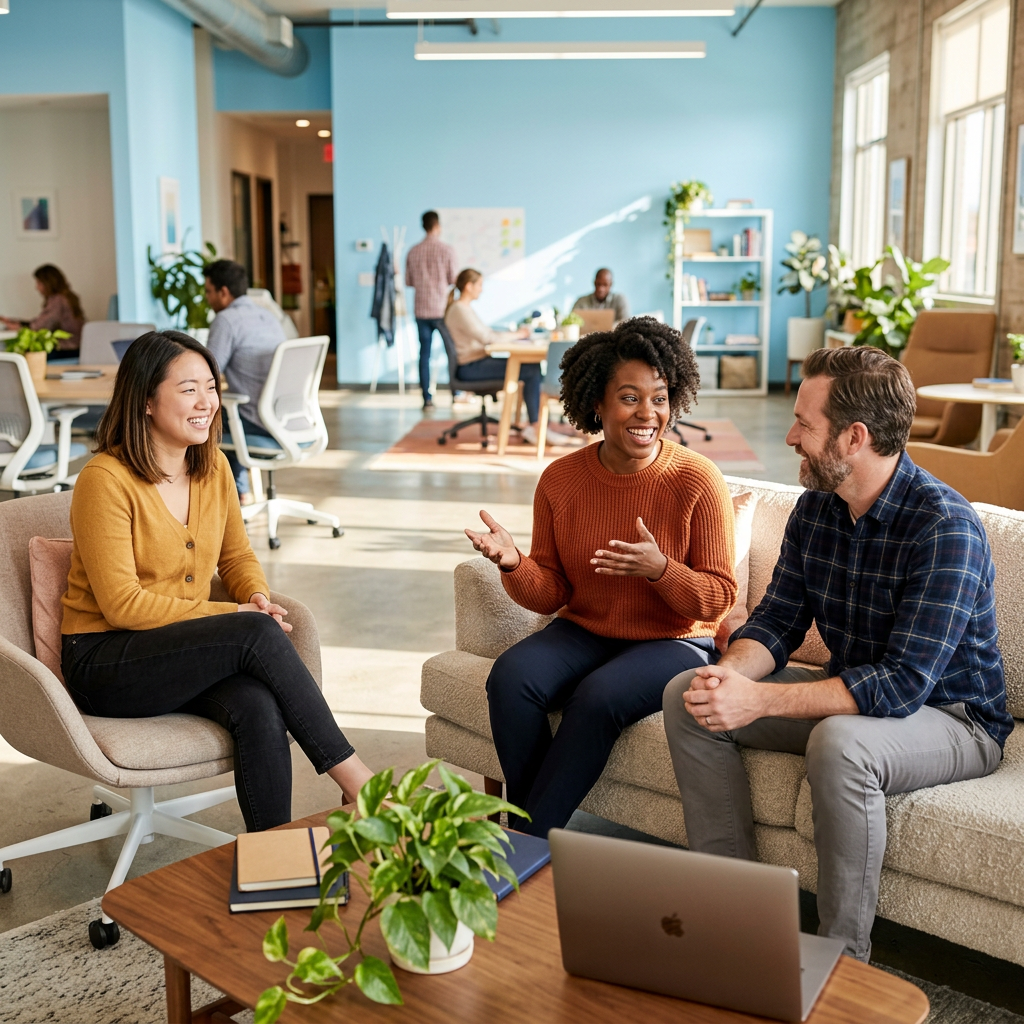 Diverse team engaged in relaxed conversation