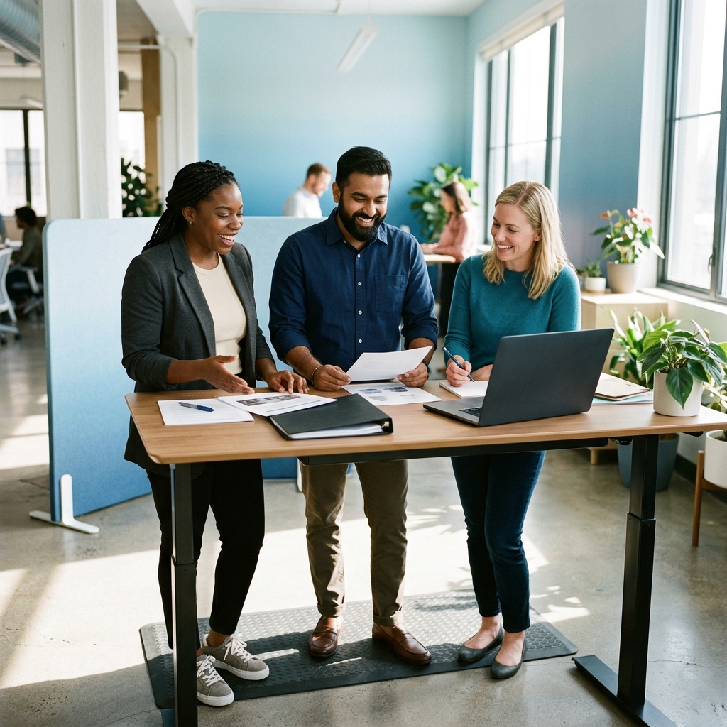 Diverse team collaborating on HR tasks at standing desk