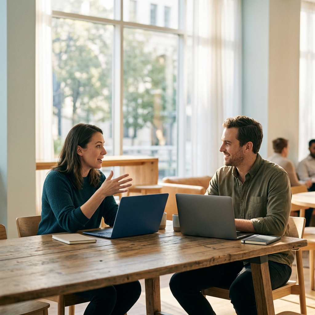 Founder and ops lead collaborating over laptops