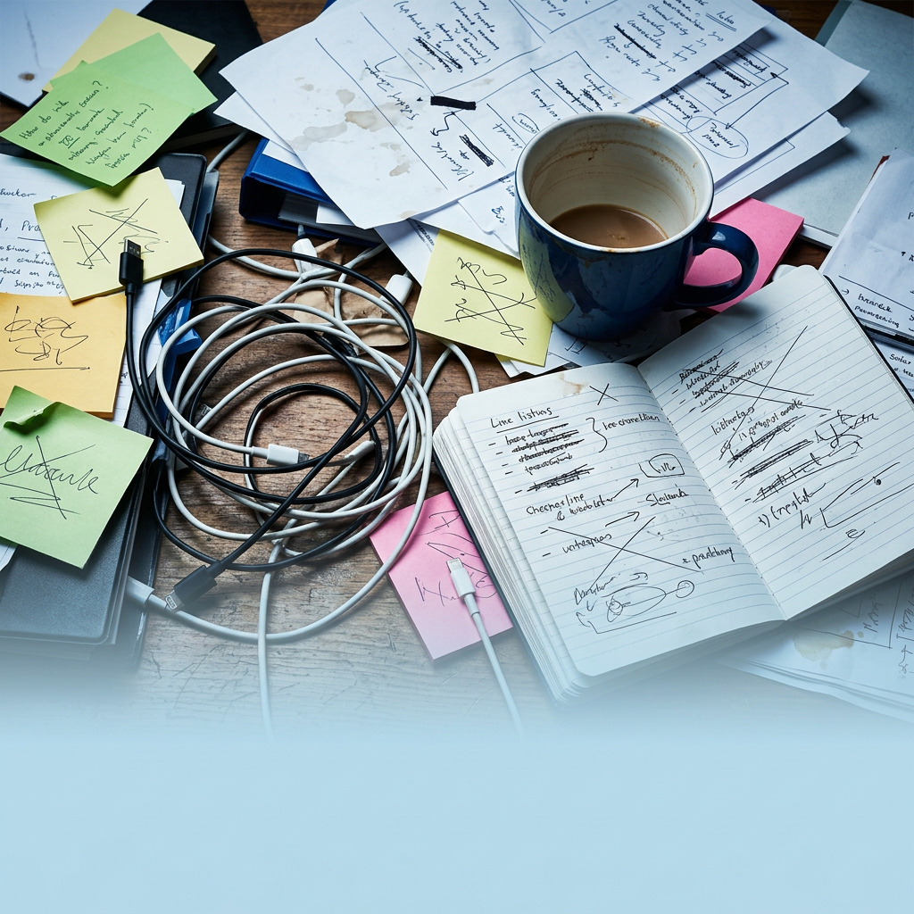 Scattered papers and cables representing HR chaos