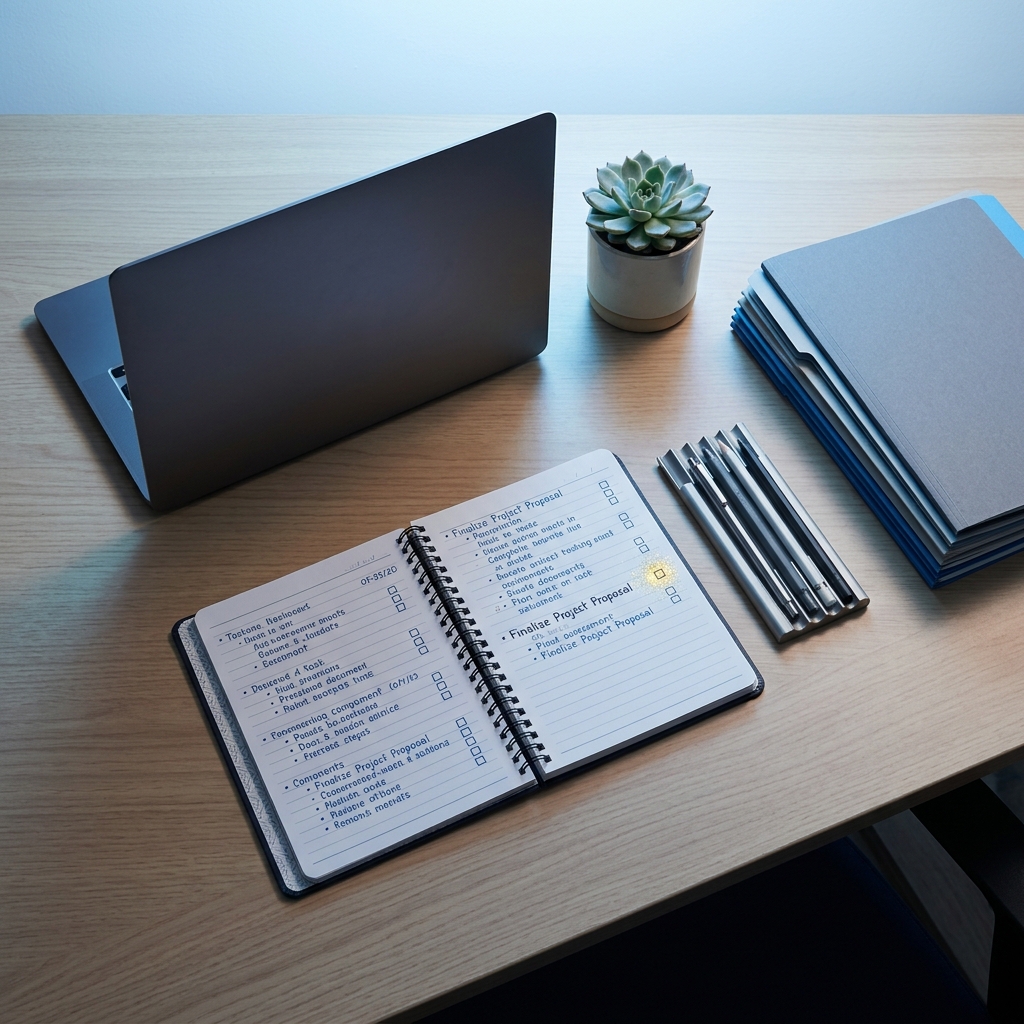 Organized desk with structured systems in place