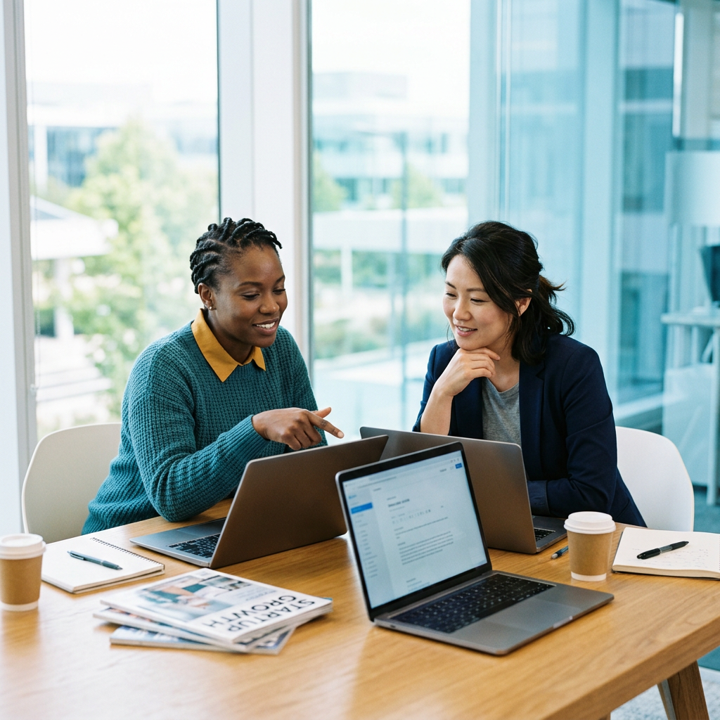Founders discussing HR strategy over laptops