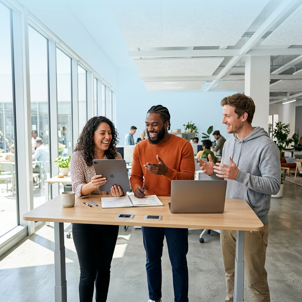 Team collaborating and laughing at standing desk