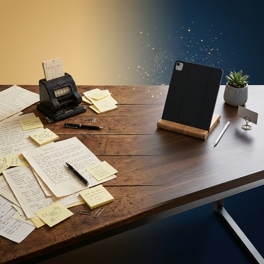Paper chaos transforming into clean digital HR system