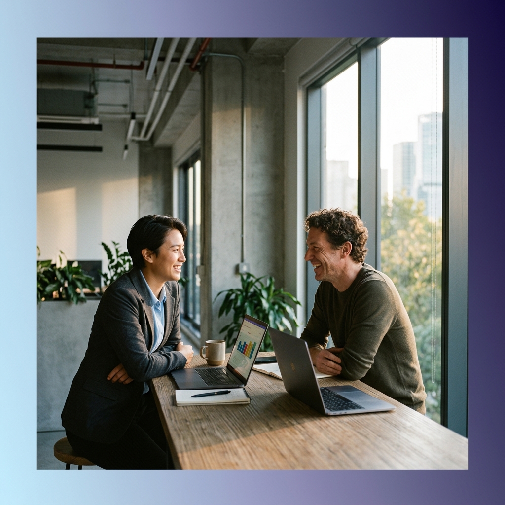 Founder and ops lead collaborating with visible organization
