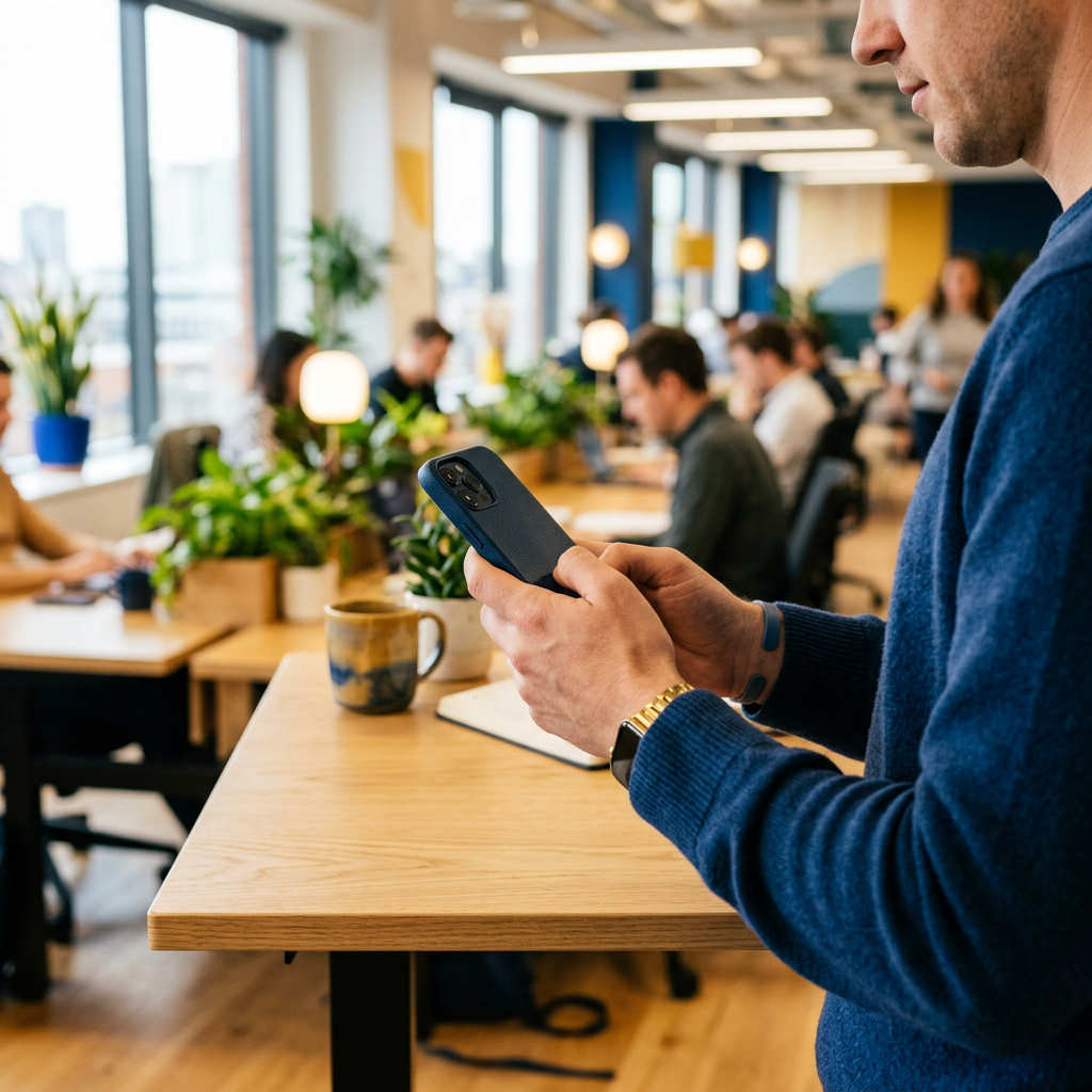 Person checking phone at standing desk in bright office