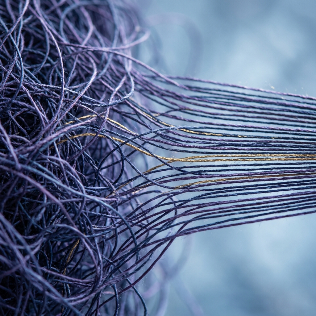 Tangled threads becoming organized lines in warm light