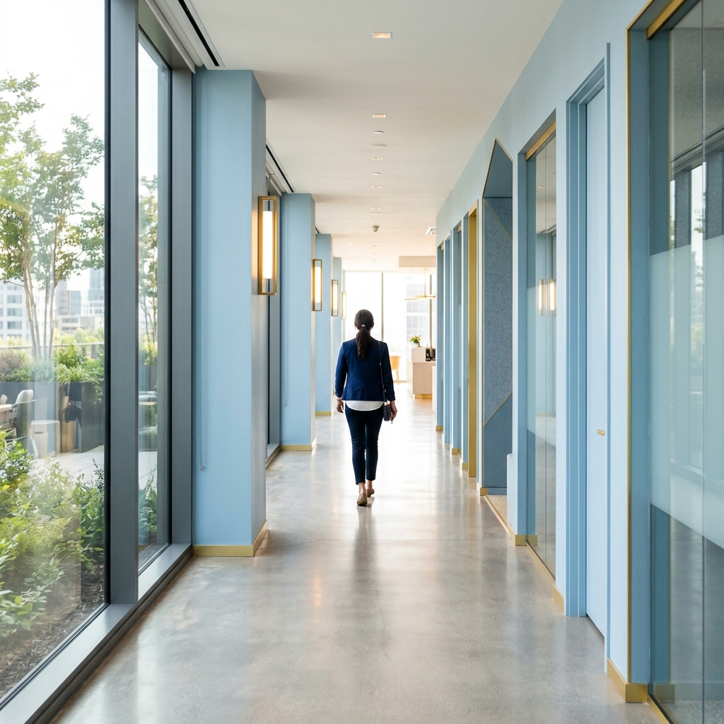 Bright modern office corridor suggesting forward momentum