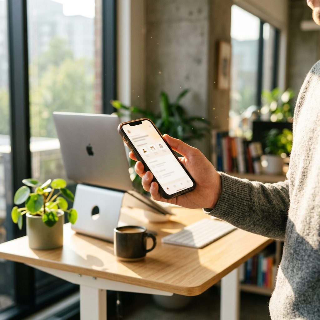 Person checking mobile HR app at standing desk