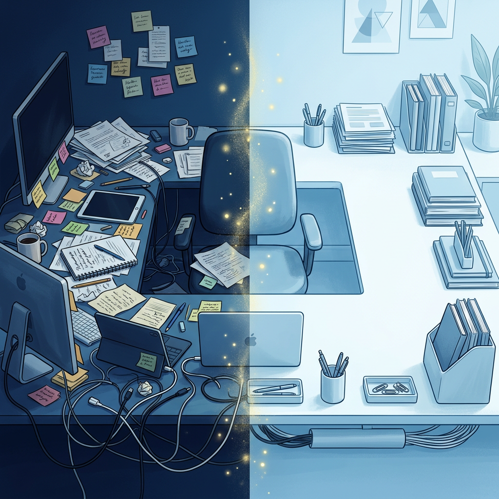 Chaos transforming into organized workspace