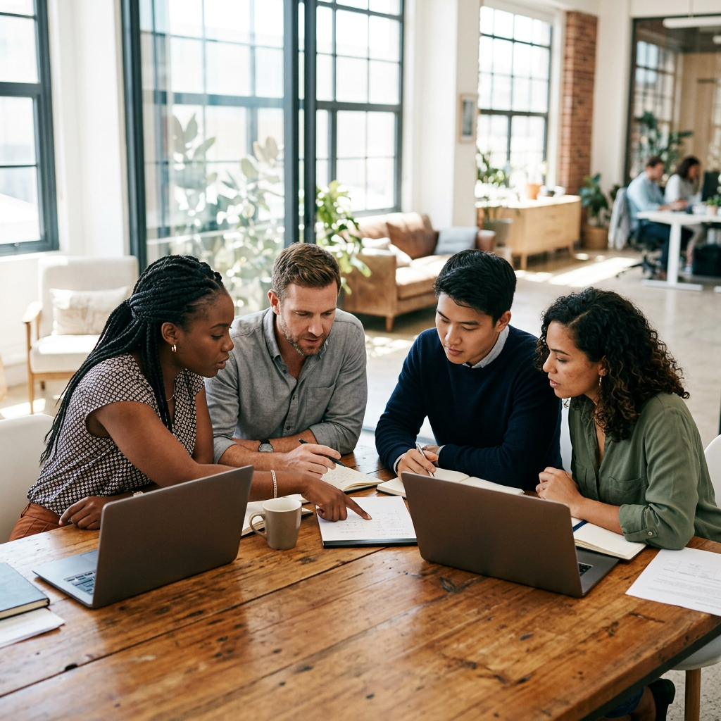 Small team collaborating around a table in sunlit office