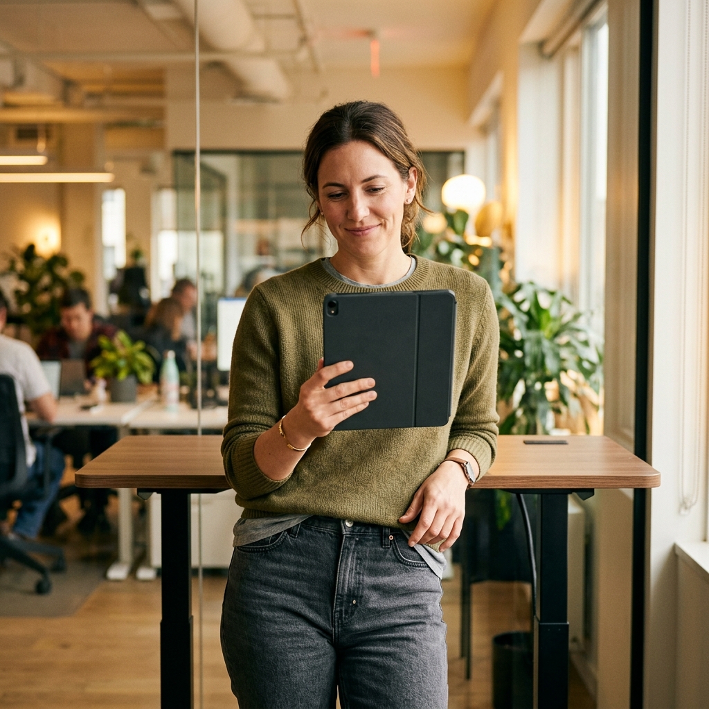 Person checking team information on tablet at standing desk