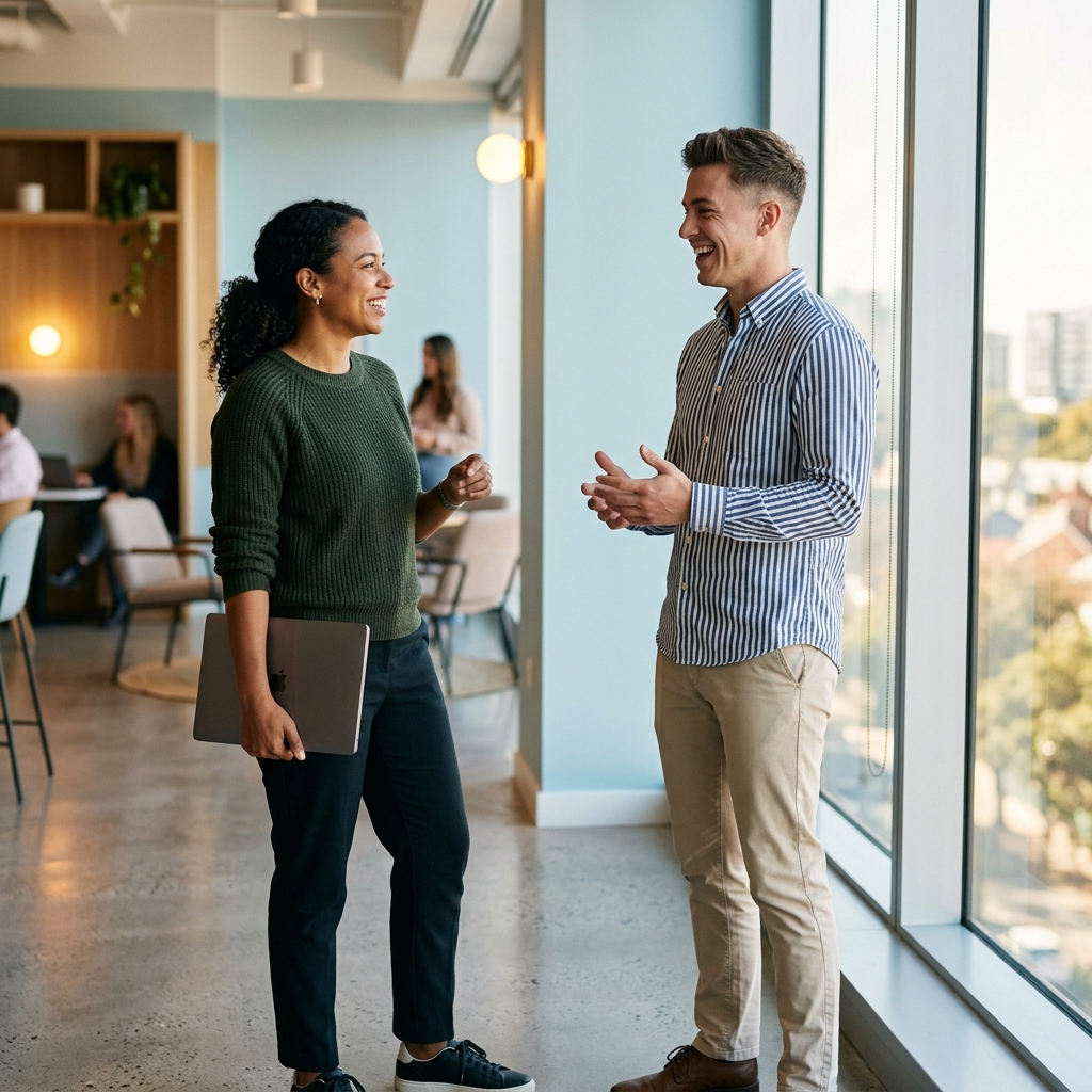 Two colleagues having an easy conversation by window