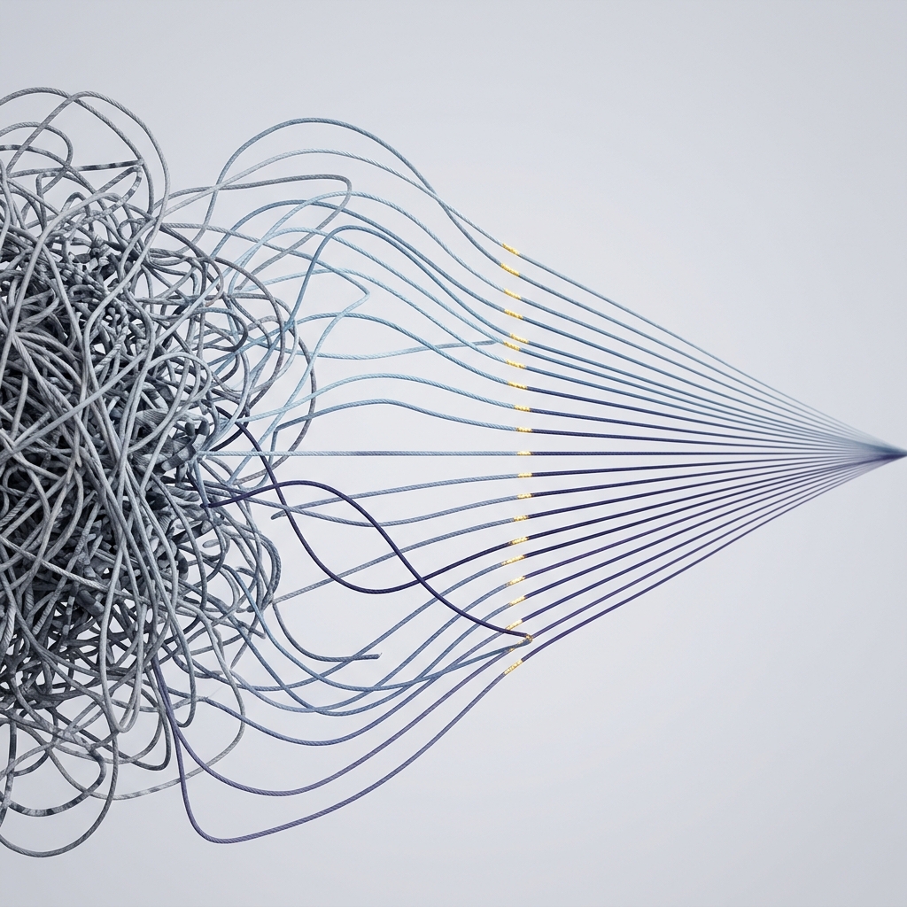 Tangled threads transforming into organized parallel lines