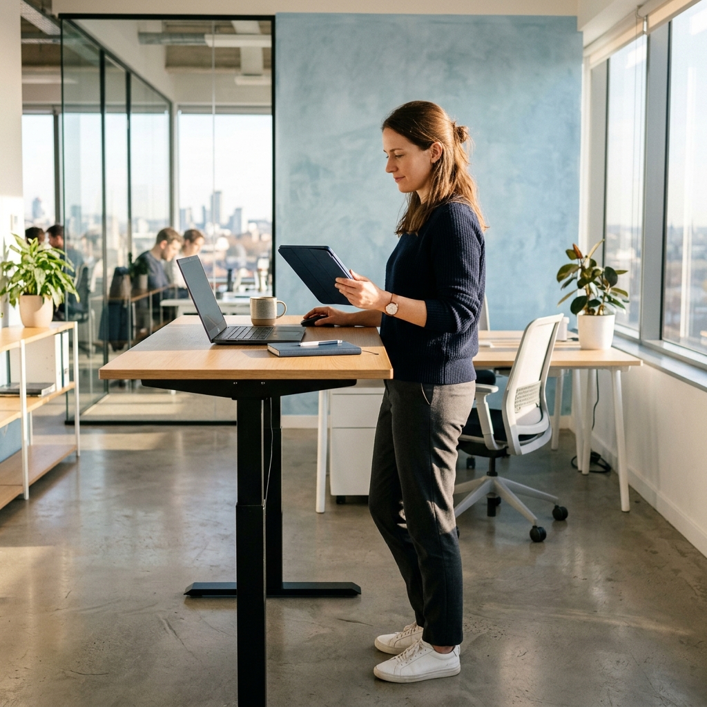 Professional at standing desk reviewing tablet calmly