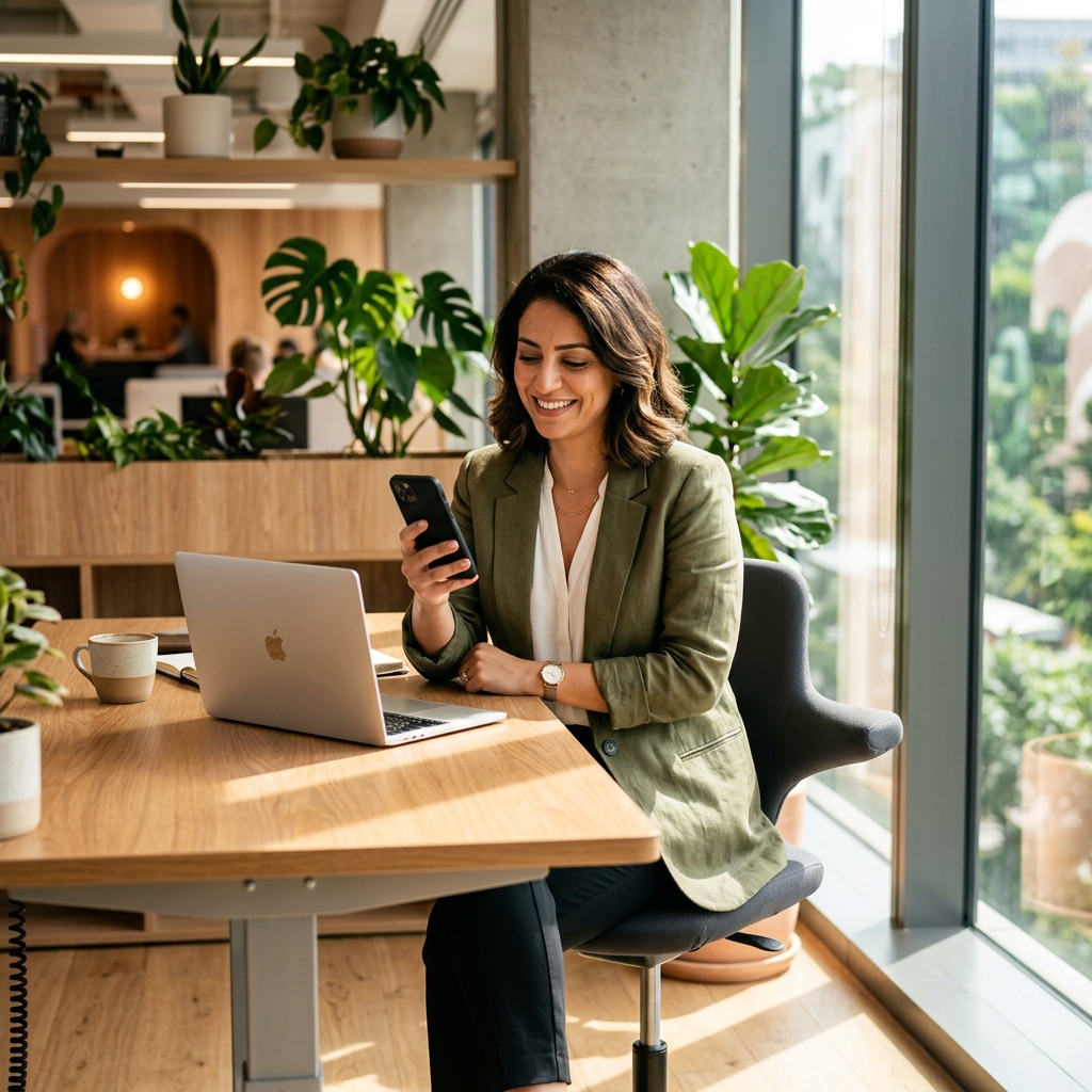 Professional checking phone with calm expression at standing desk