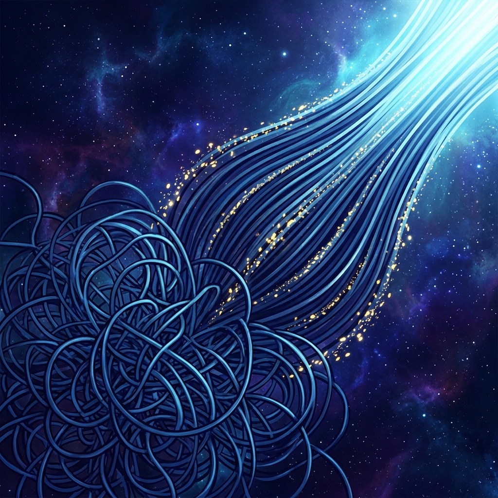 Tangled threads organizing into clear parallel lines