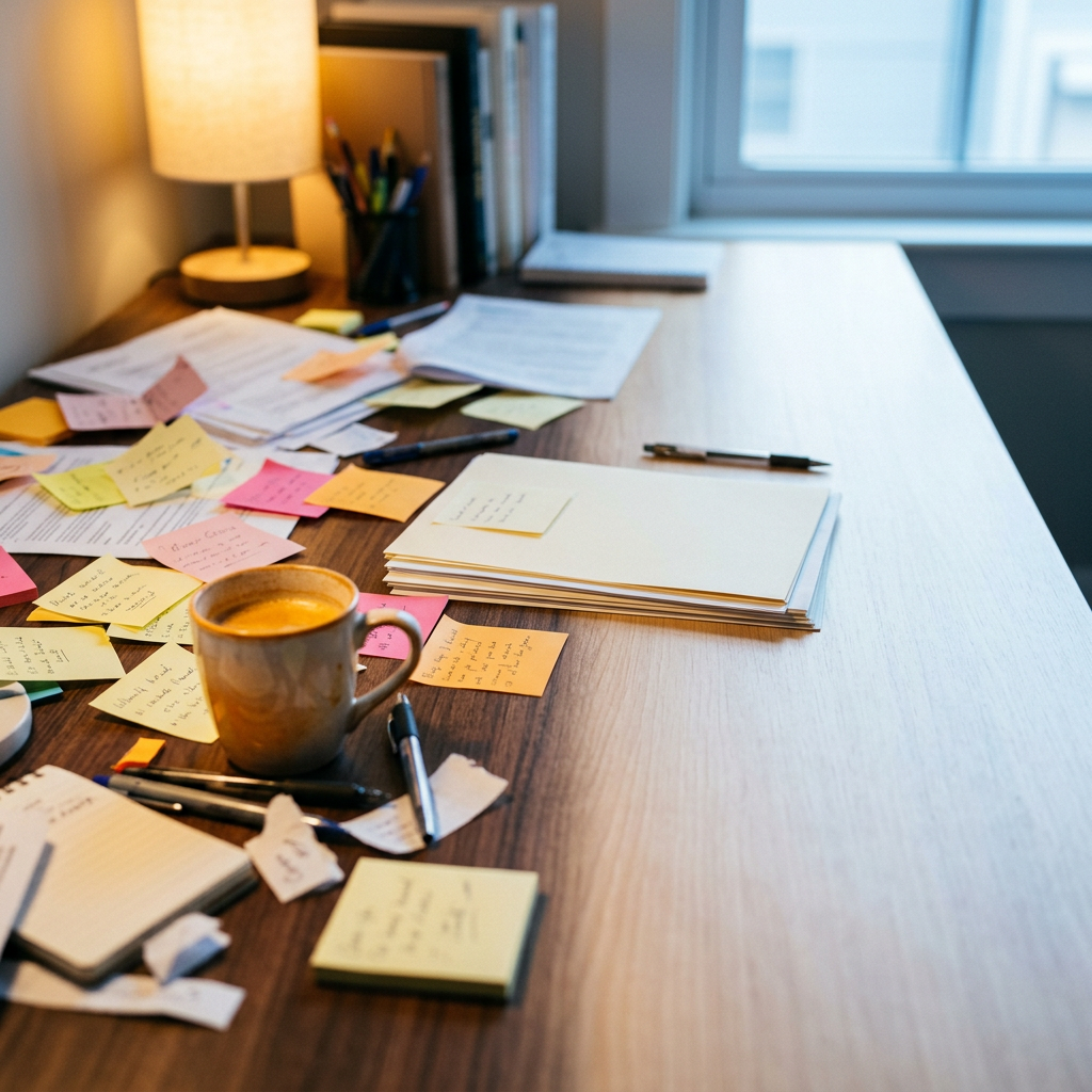 Scattered papers transforming into organized workspace