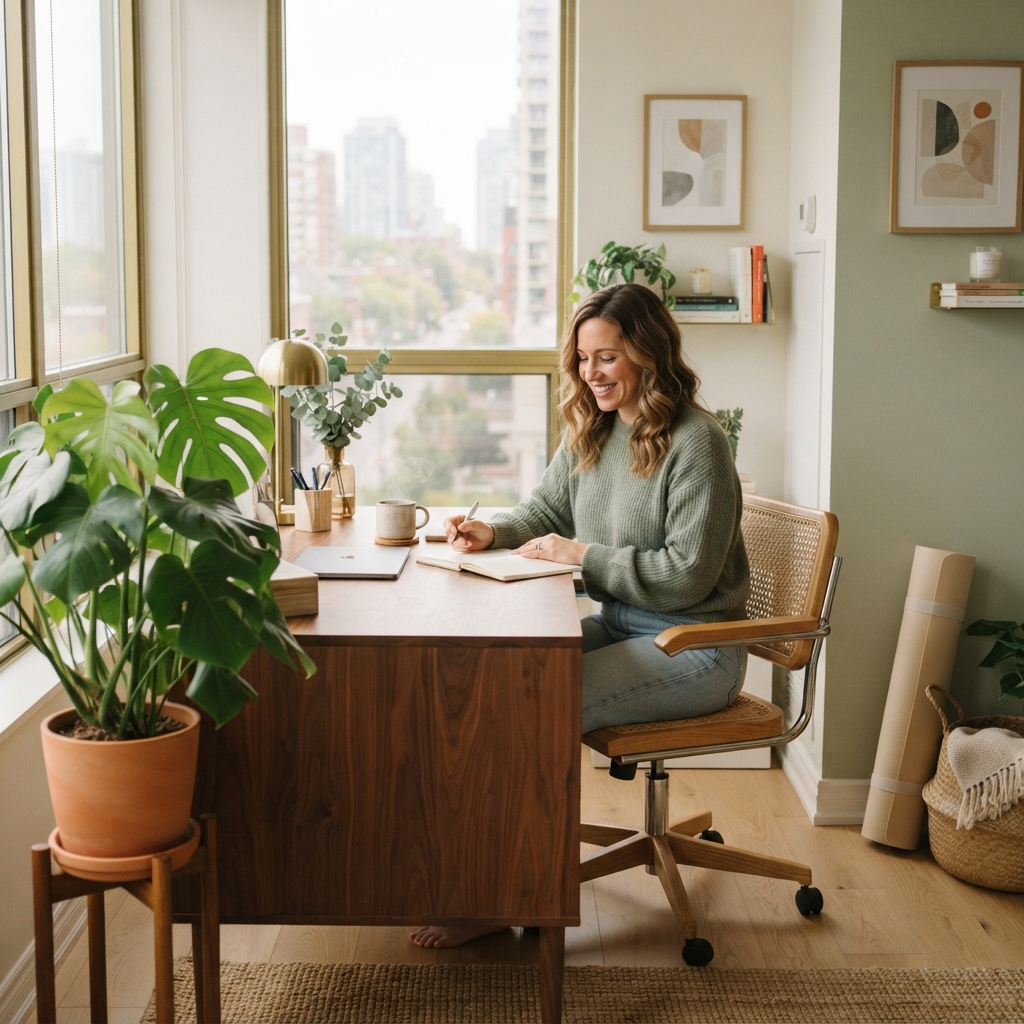 Cozy home office space with wellness elements