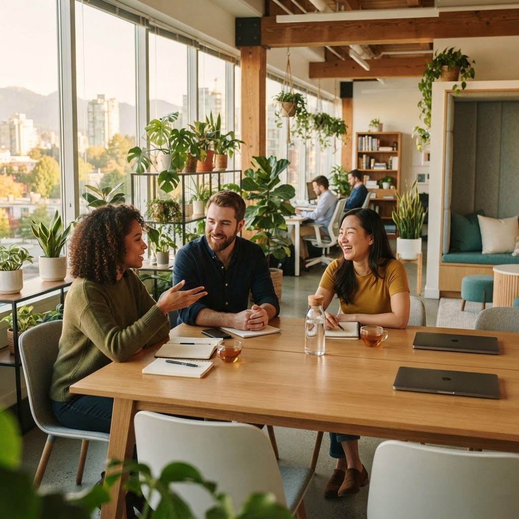 Colleagues collaborating in a bright modern Vancouver office space