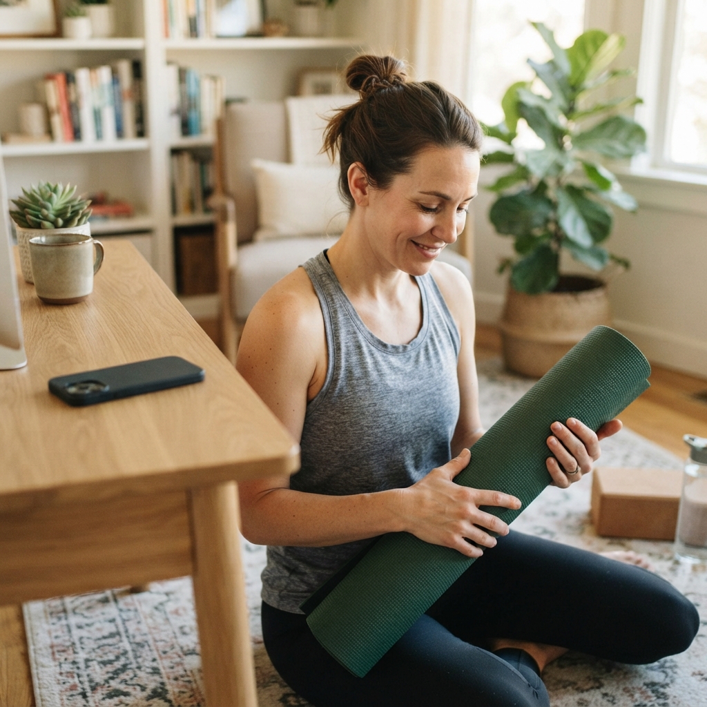 Person preparing for wellness activities in a home office