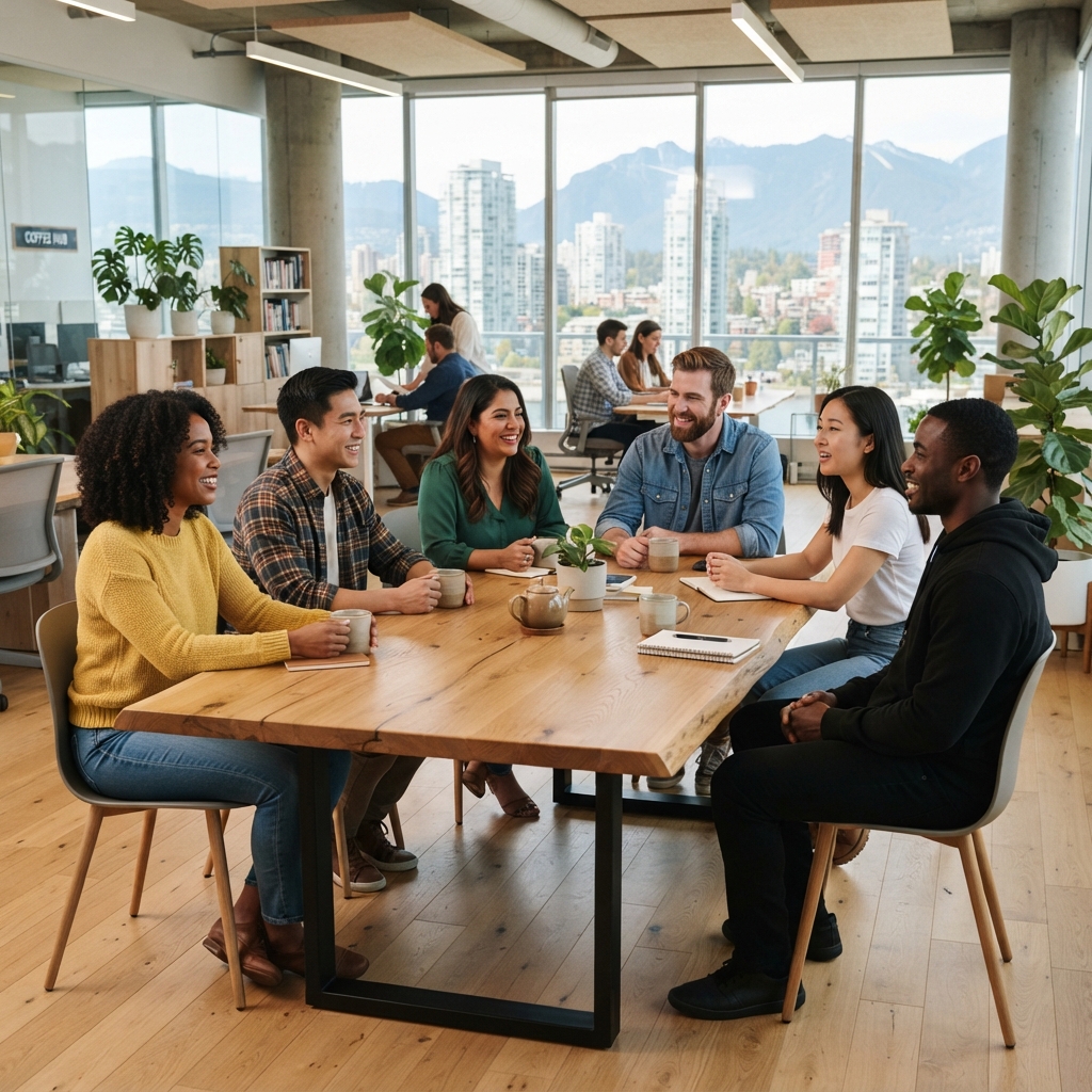 Diverse colleagues collaborating in a bright modern office
