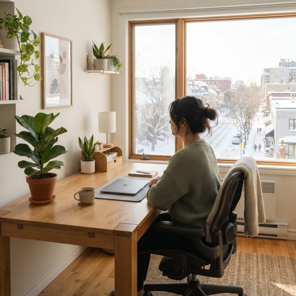 Professional remote worker in a bright home office setting