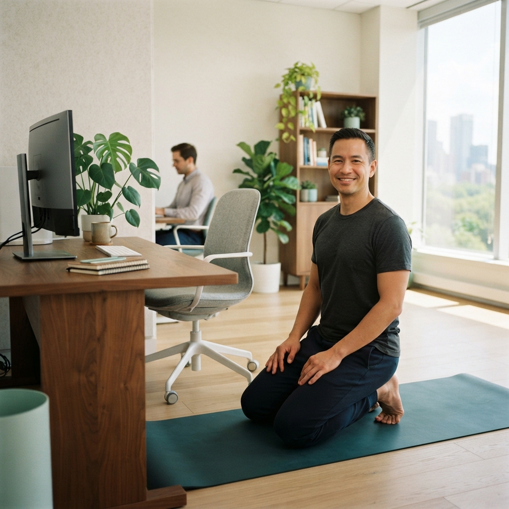 Professional employee practicing yoga in a bright modern office