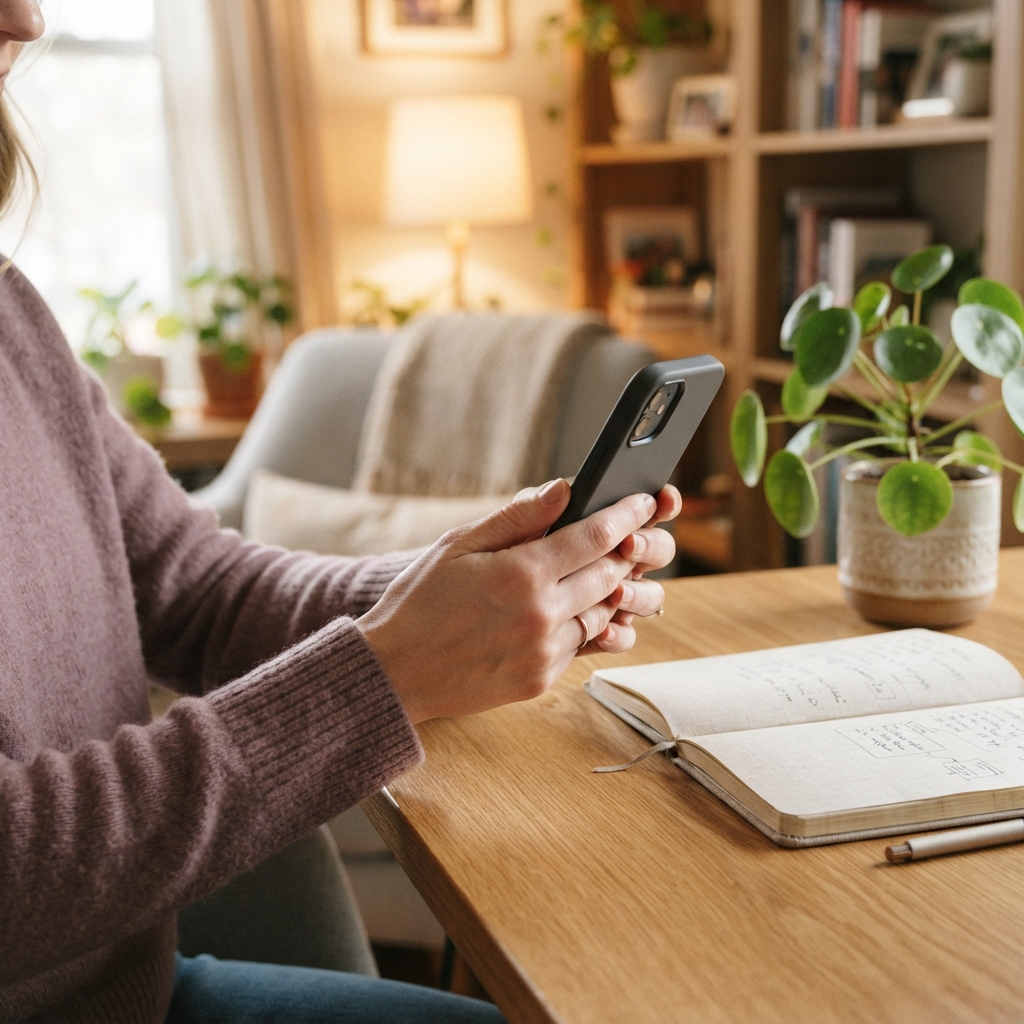 Employee holding a smartphone in a cozy home office setting