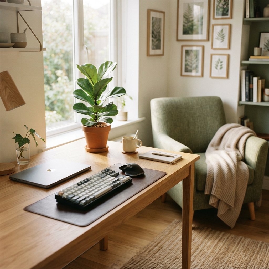 Modern home office setup with greenery and natural light