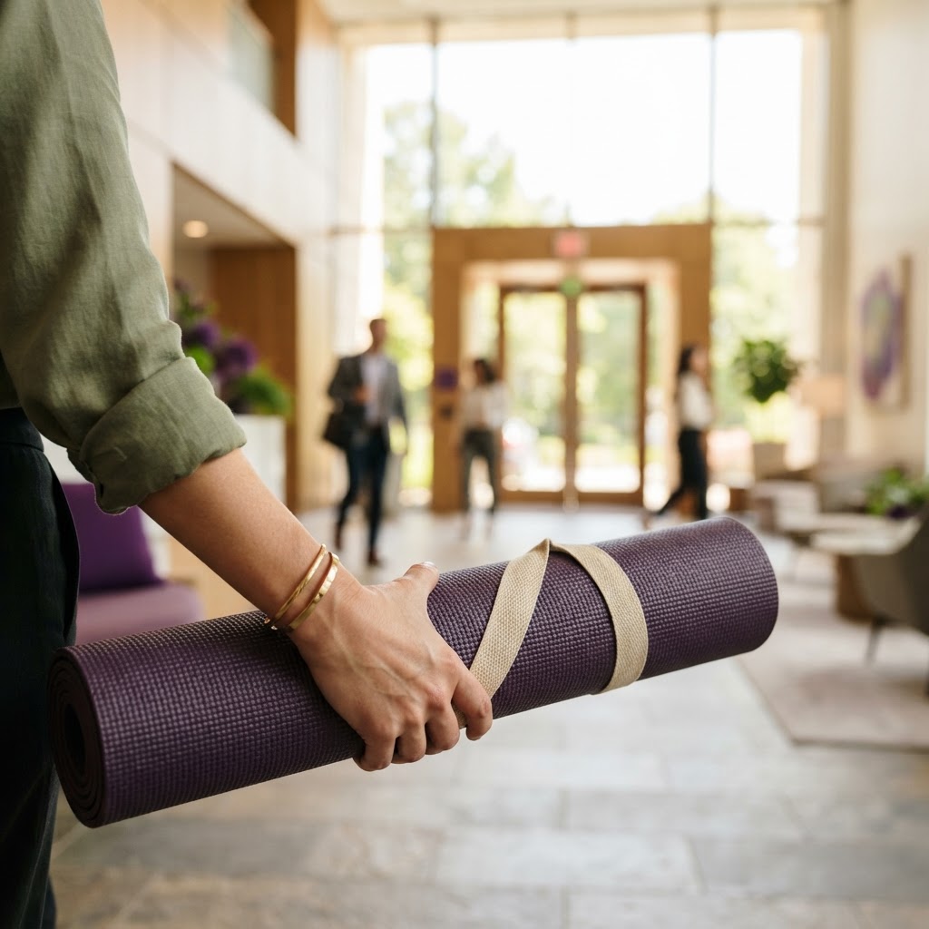 Person carrying a yoga mat in a sunlit office lobby