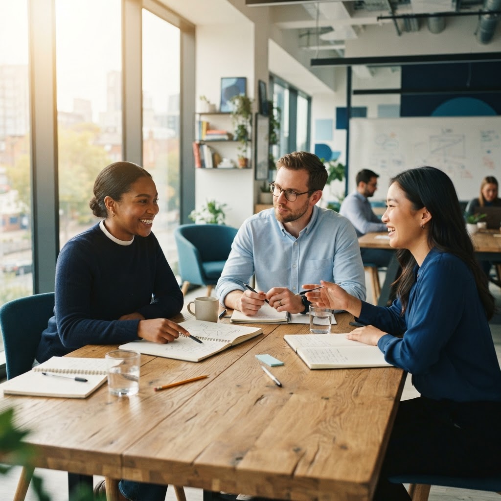 A team of three collaborating in a sunlit modern workspace