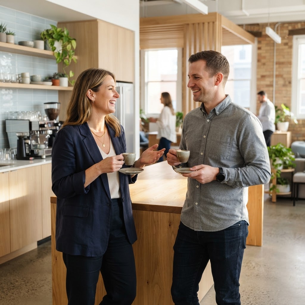 Two colleagues having an easy conversation in a bright office kitchen
