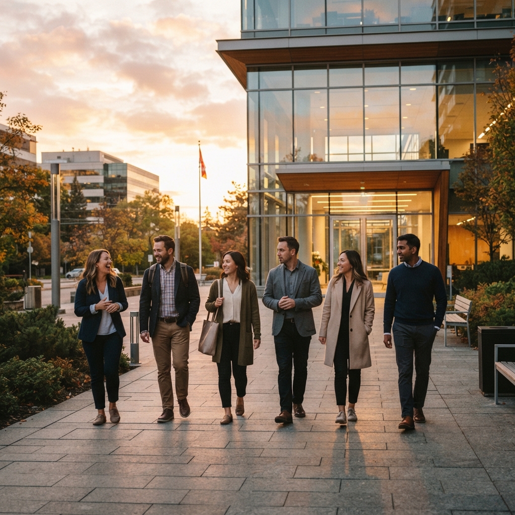 A team walking together toward a modern office building at sunset