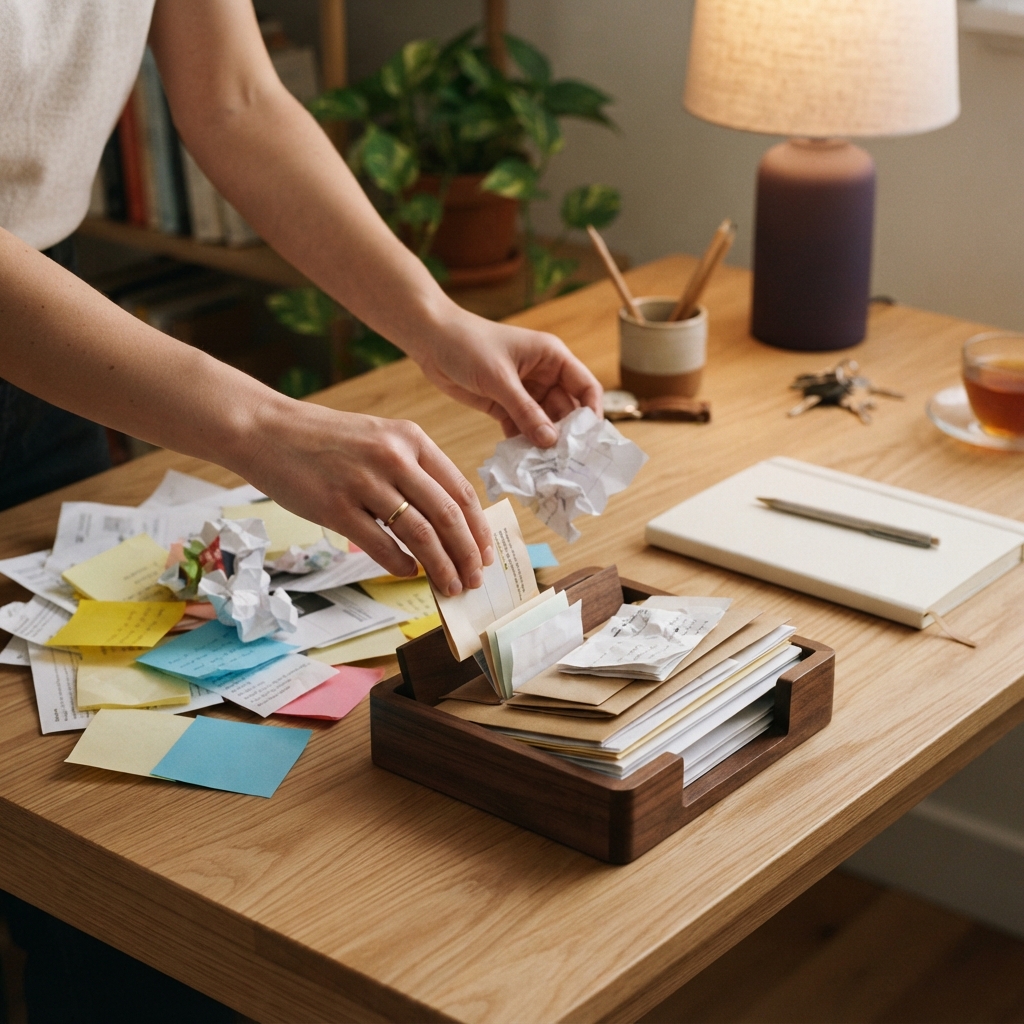 Hands organizing a cluttered desk into a clean wooden tray