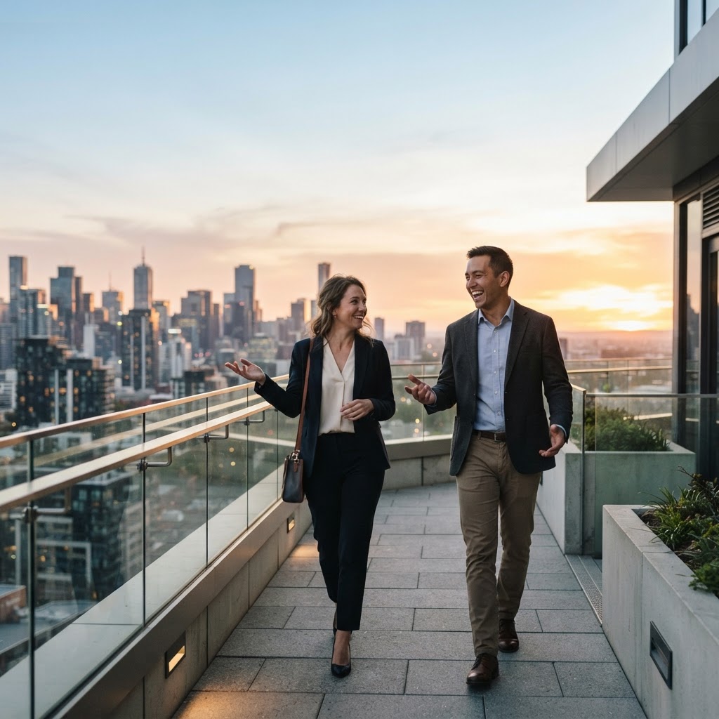 Two professionals talking while walking in a workspace