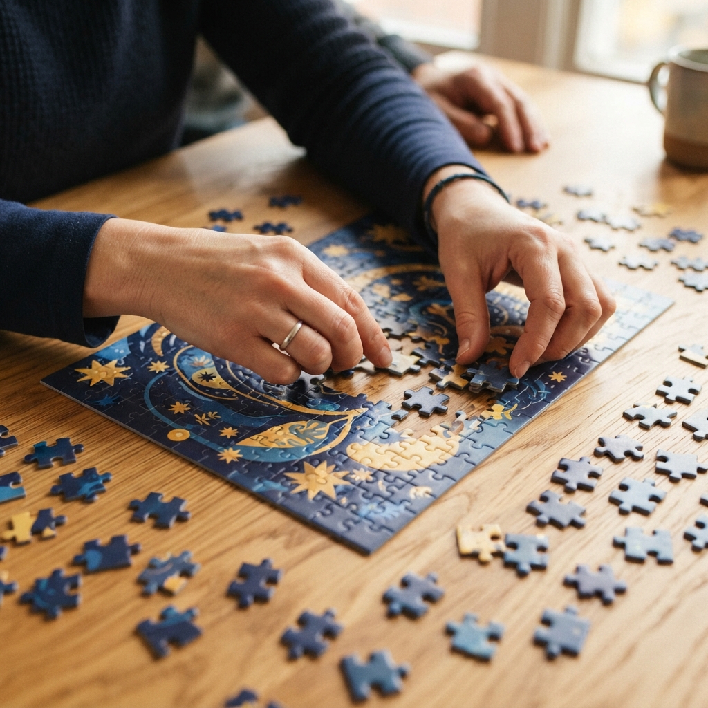 Hands assembling puzzle pieces on a wooden table