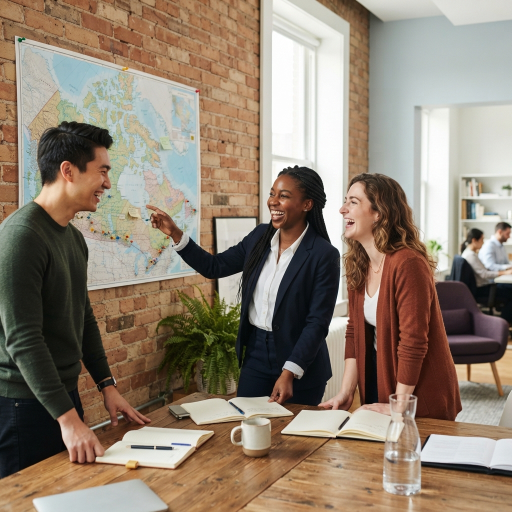 Diverse team collaborating in a bright modern Canadian office