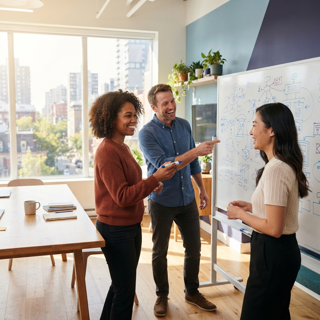 Diverse team collaborating in a modern sunlit office