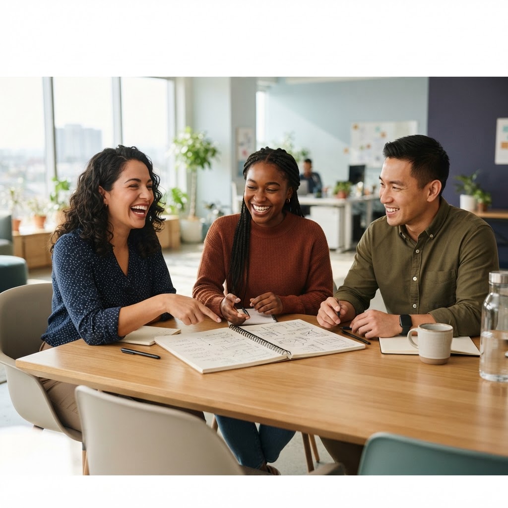 Diverse team collaborating in a sunlit modern office